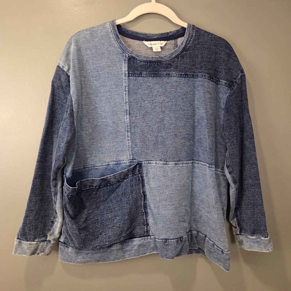 Coldwater Creek Women's Faux Denim Patchwork Sweatshirt Petite M